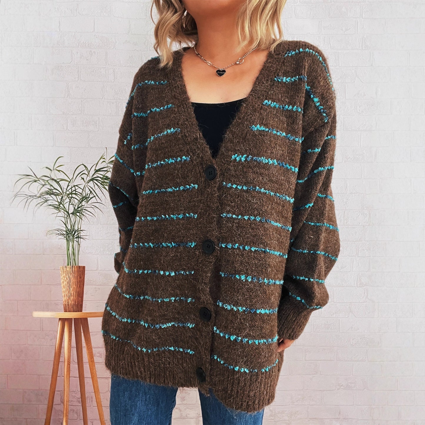 Retro Loose Striped Contrast Color Single-breasted Long Knitted Cardigan Sweater