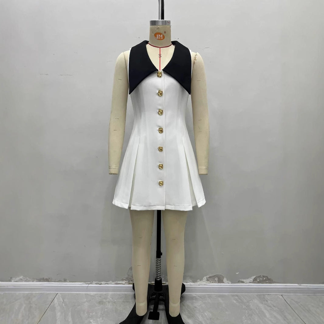 Womens Notched-Neck Metal-Button Sleeveless Elegant Waist-Cinching Dress