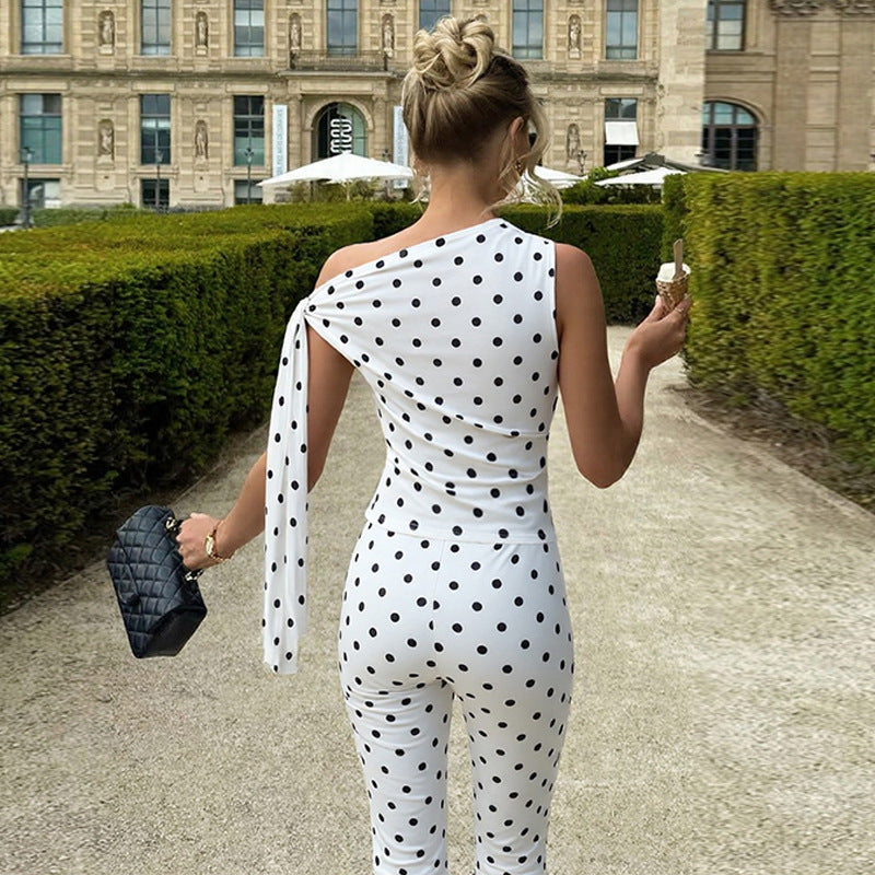 Women's One-shoulder Strap Polka-dot Tank Top And Shorts Set