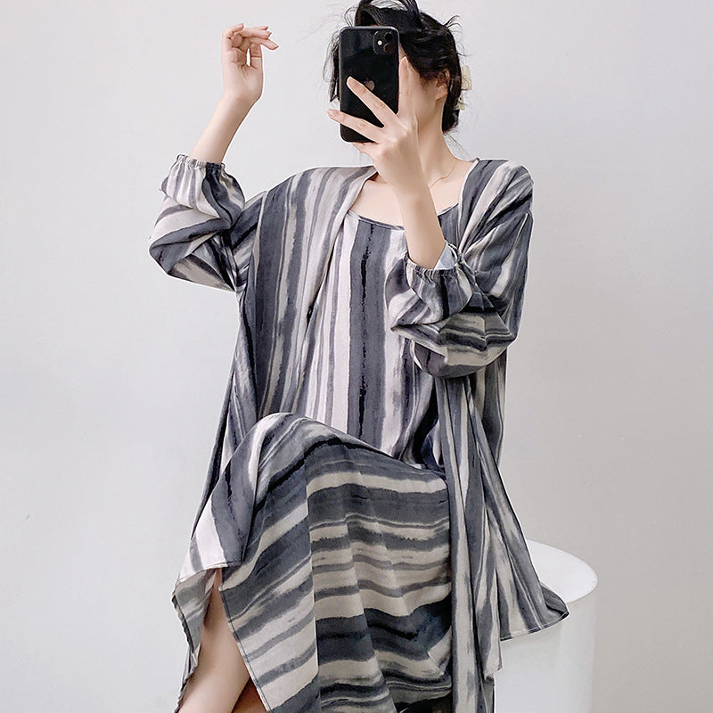 Womens Loose Casual Printed Camisole Dress And Outerwear Set