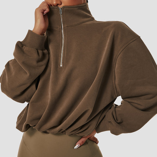 Women's Outdoor Running Drawstring Zipper Loose Long Sleeve Sweatshirt