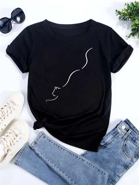 Womens Heart-Shaped Cat Crew-Neck Printed Short-Sleeve Top