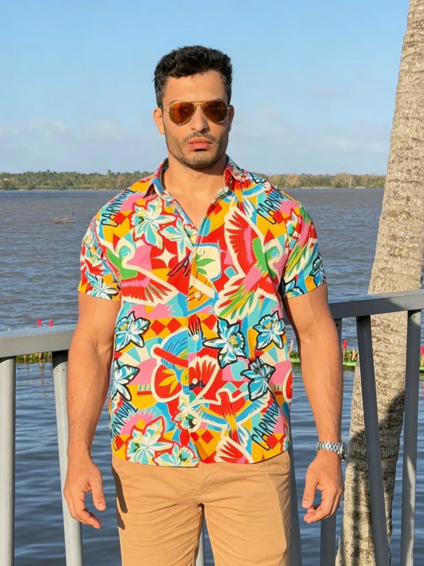 Tropical Floral Print Short Sleeve Button Down Shirt
