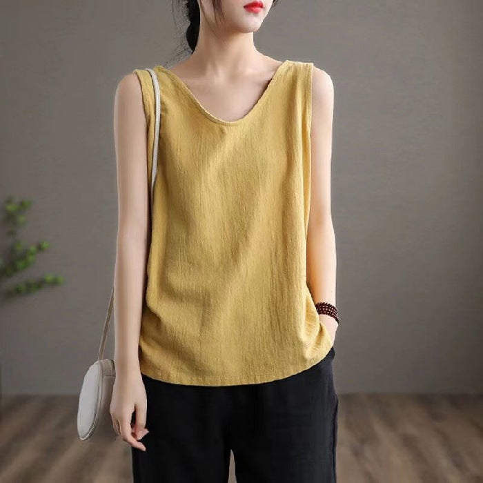 Solid Color Plus Size Literary Sleeveless Round Neck Vest