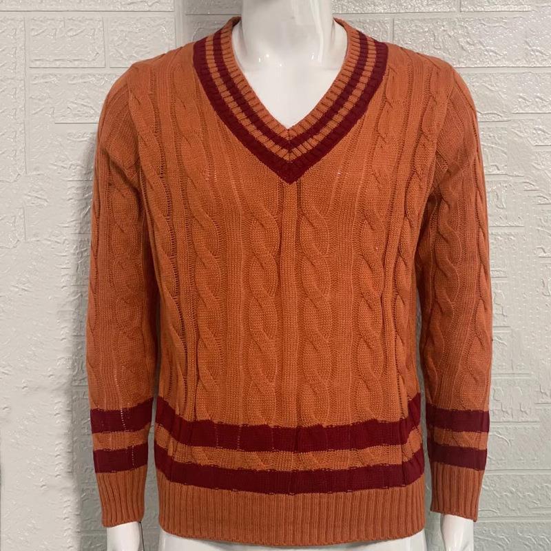 Men's Striped Color Blocking Knitting V-neck Sweater