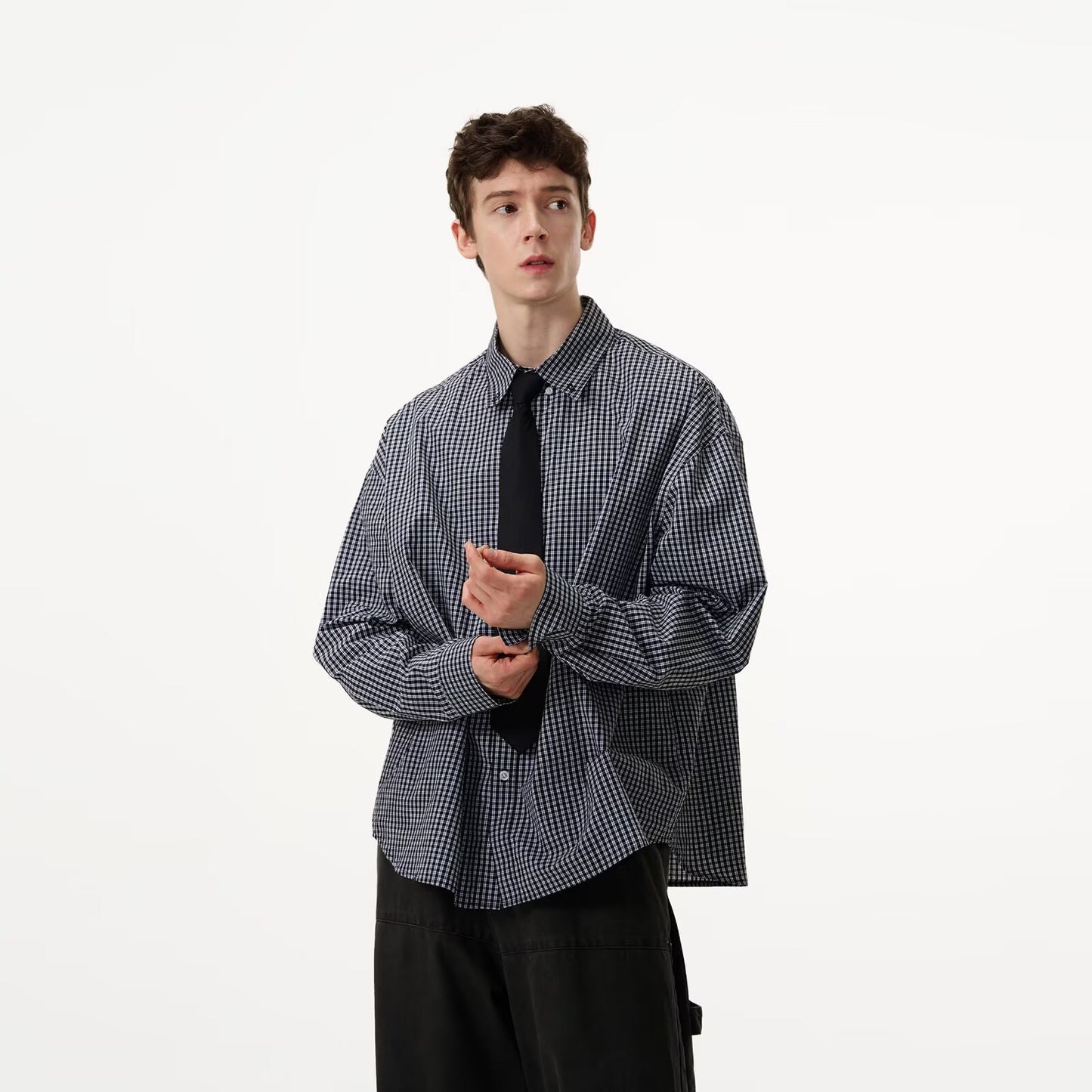 Mens Long-sleeve Shirt With A Small Check Pattern For Spring And Fall