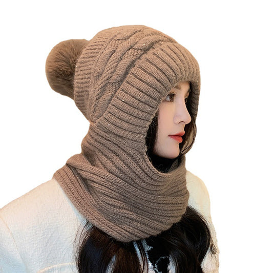 Women's  One-piece Hat With Scarf Warm Thickened Ears Protection  Woolen Cap