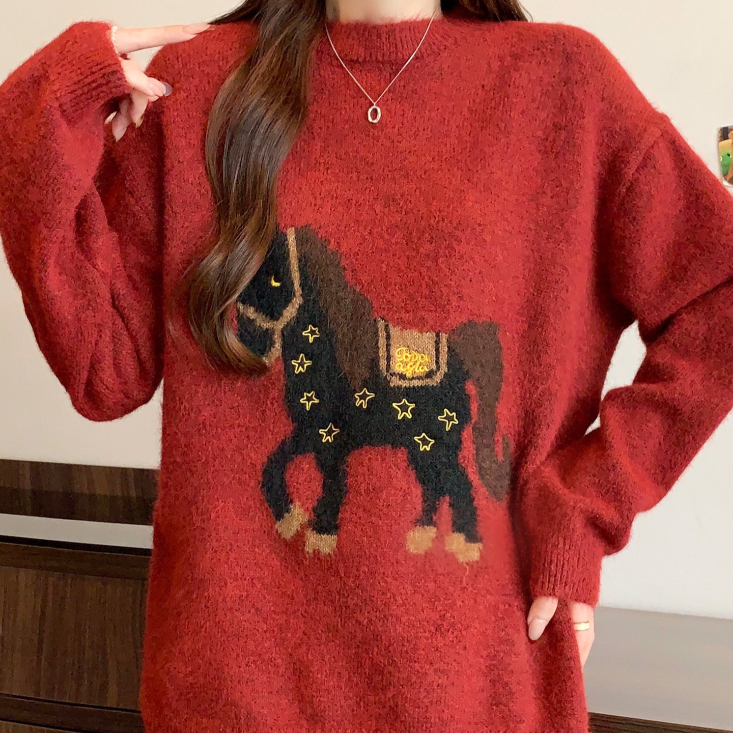 Laid-back Youth-boosting Super-cute New Year RedJacquard Sweater