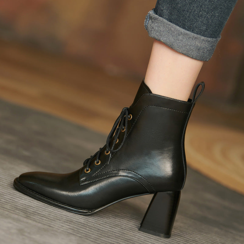 Women's Autumn And Winter British Retro Lace Up Short Simple Fashion High Heel Boots