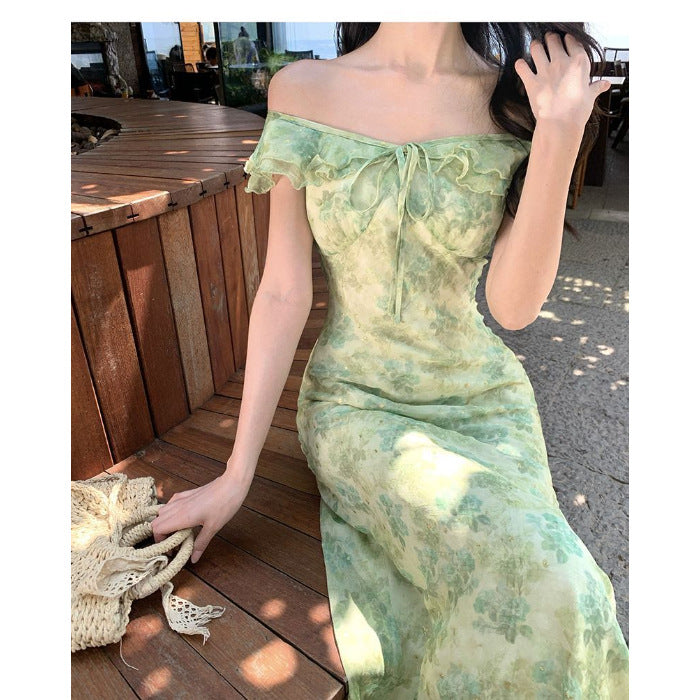 Fresh Beachy Getaway Dress In Green With A Dainty Floral Print And Cap Sleeves