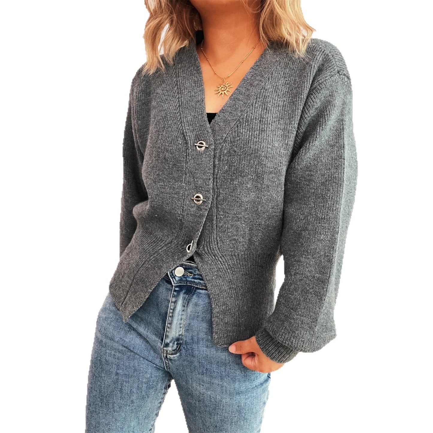 Commute Slim-fit Tight Waist Deep V-neck Metal Button Solid Color Knitted Cardigan Sweater