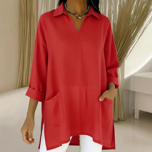 Womens Fashion Solid-color Pocket Shirt With A Loose-fitting Collar