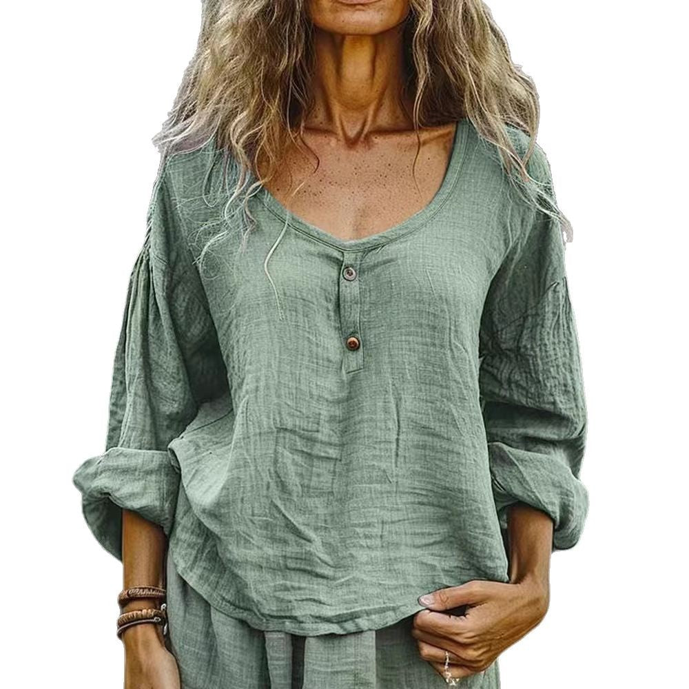 Women's Casual Loose Fashion Long Sleeve Linen Solid Color Top