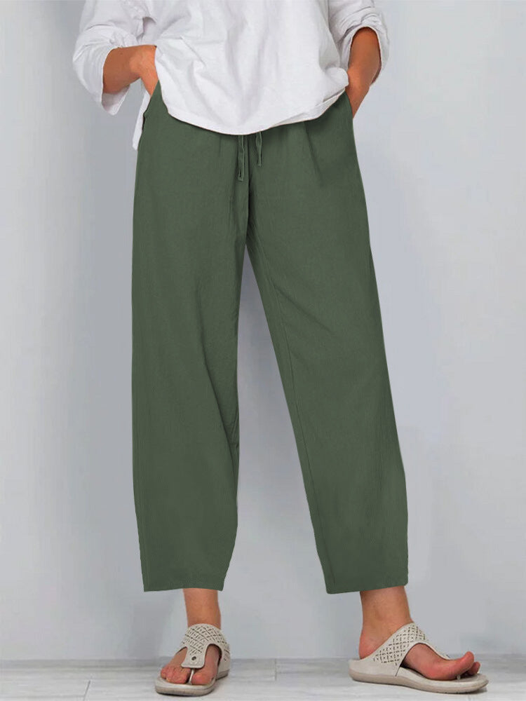 Elastic Waist Solid Color Cotton And Linen Wide Leg Casual Trousers