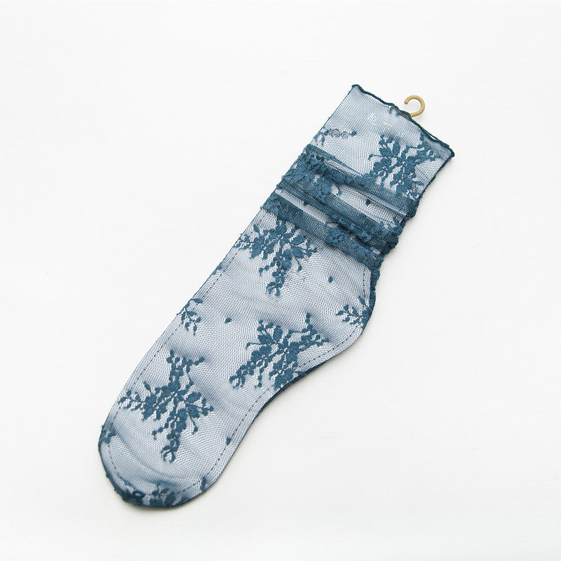 Spring And Summer New Women's Socks Sweet Japanese Solid Color Big Flower Hollow Stockings