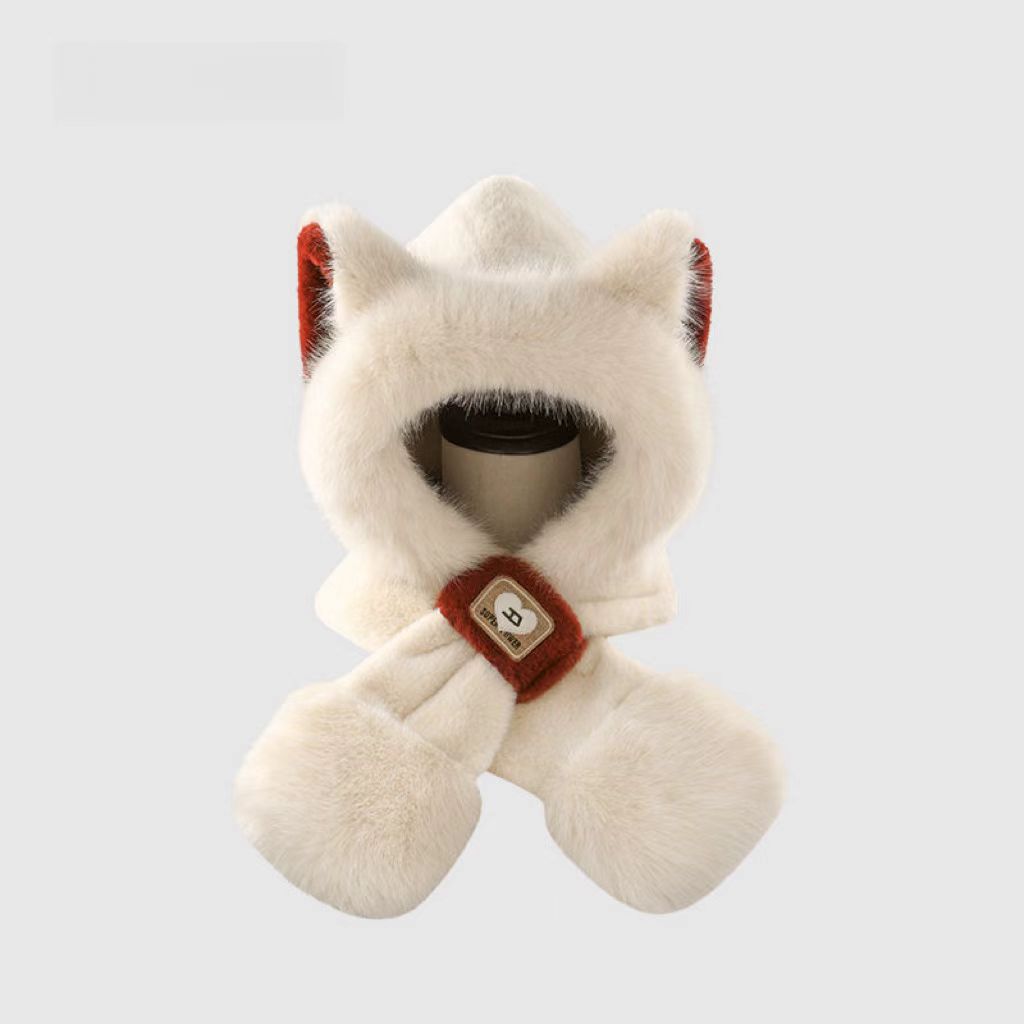 Cute Furry Fox Ear Hat Scarf For Women