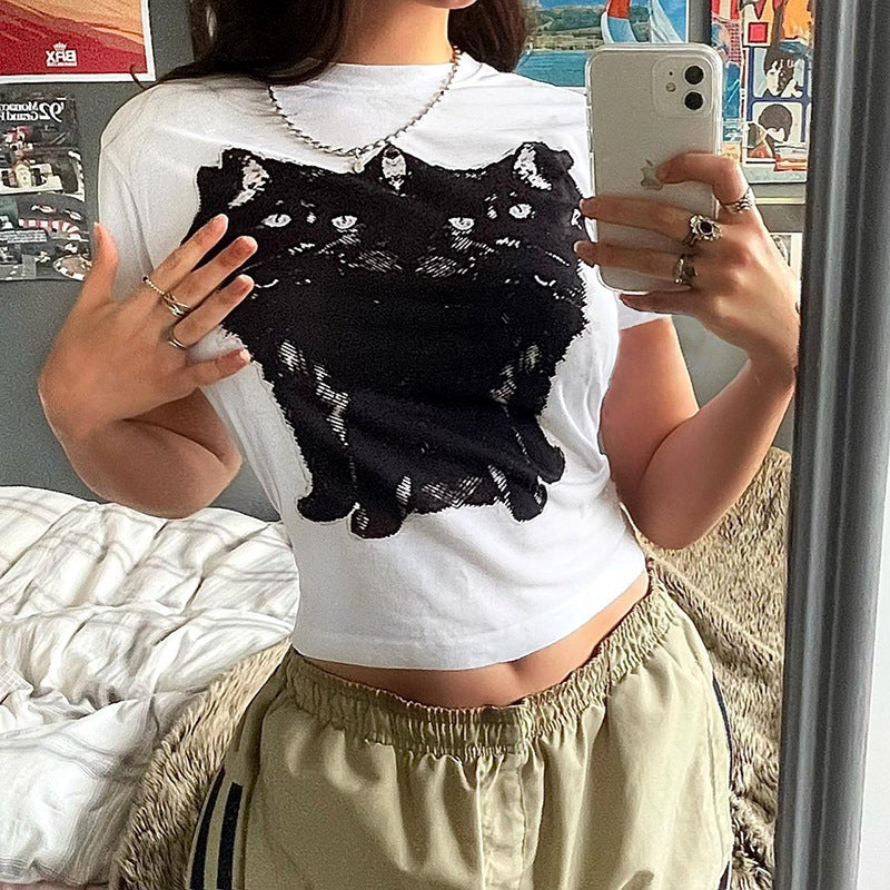 Mode Kattehovedprint Kortærmet T-shirt Rund Hals Afslappet Top