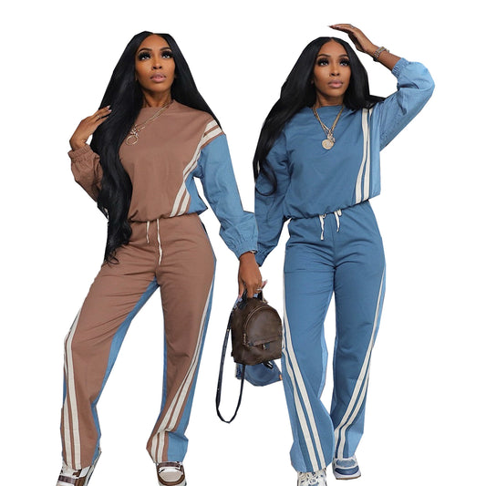 Sporty Color-blocked Faux Denim Striped Long-sleeve Hoodie With Drawstring Pants Two-piece Set