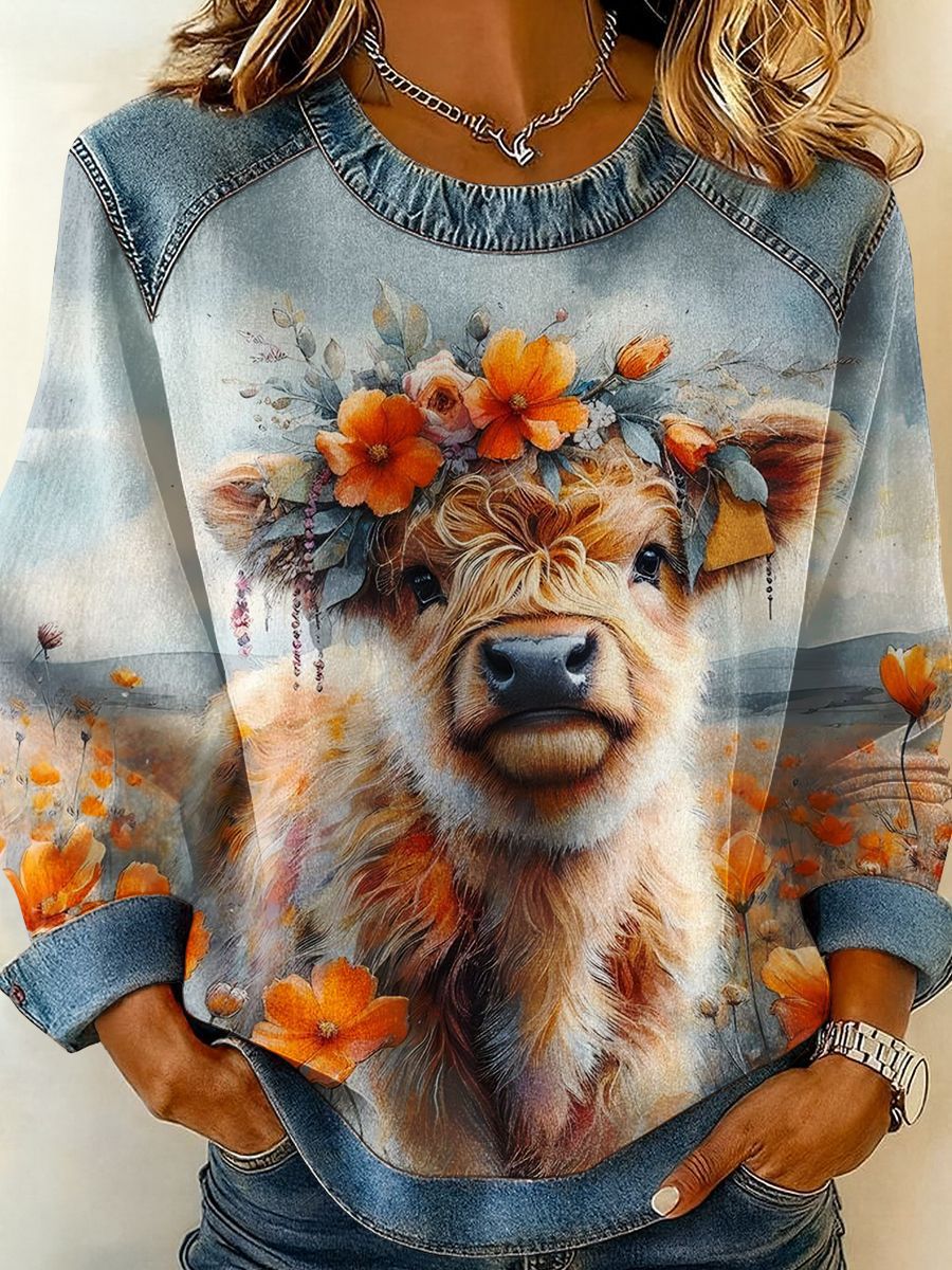 Afslappet hættetrøje til kvinder med blomstret denim-patchwork
