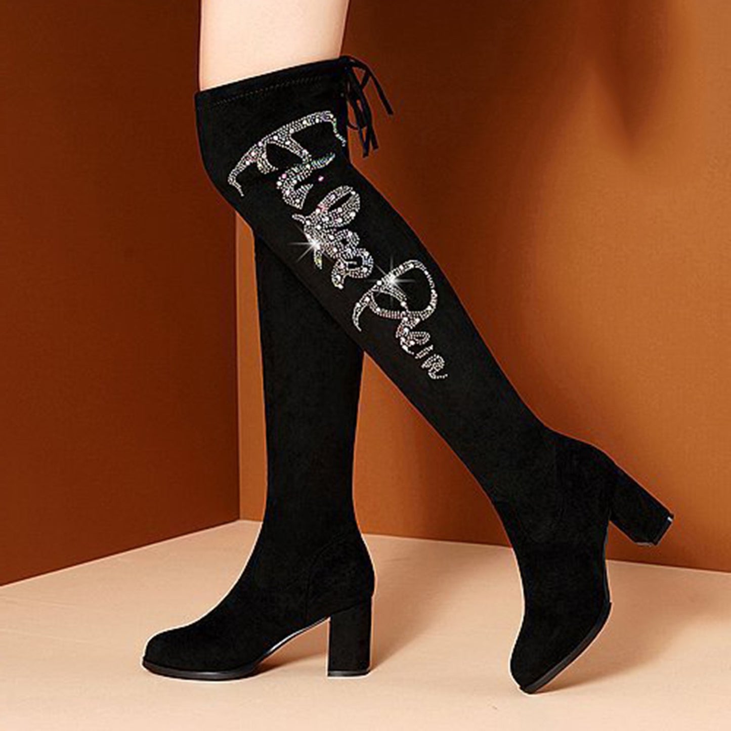 Autumn And Winter Round Toe Rhinestone High Heel Boots