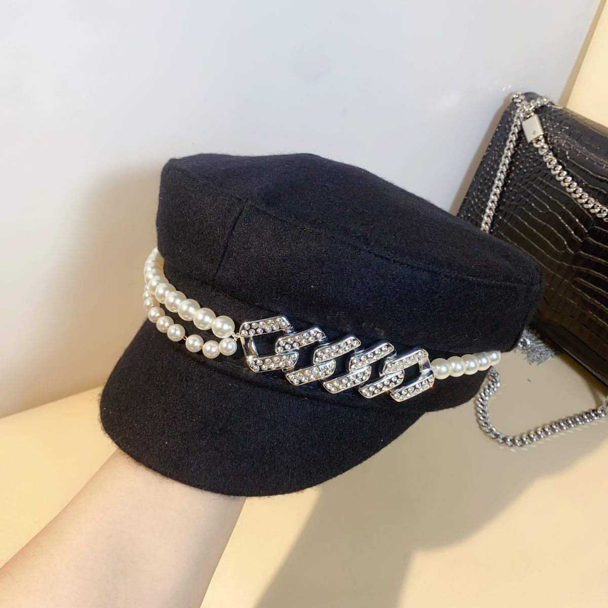 Rhinestone Flat Top Newsboy Cap Women's Korean-style All-match