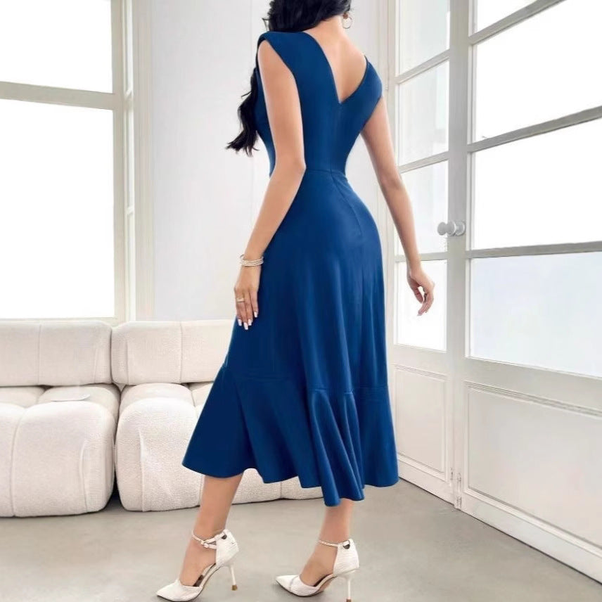 Womens Solid-Color Crew-Neck Sleeveless Dress With Ruffled Hem