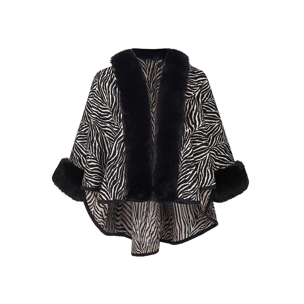 Autumn And Winter Pattern Black Fur Collar Shawl
