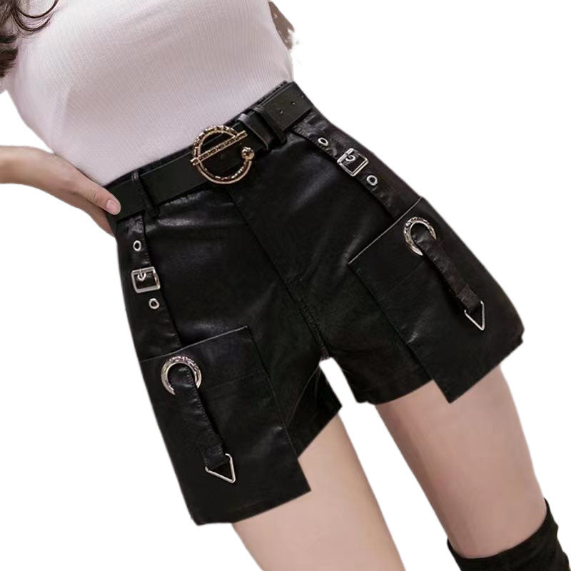 High Waist Slimming Fashion All-match Wide Leg Leather Shorts Boot Pants