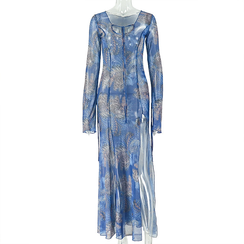 Elegant Long Sleeve V Neck Split Dress