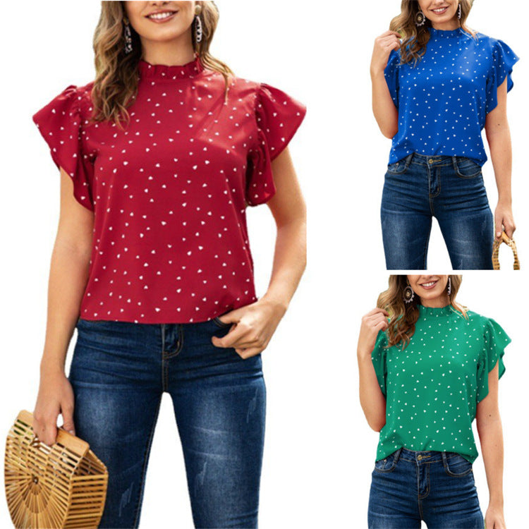 Summer Women's Stand Collar Love Stitching Top Short Sleeve