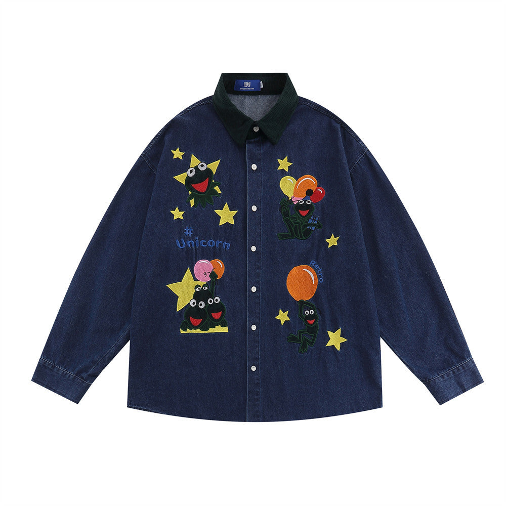 Retro Cartoon Animal Embroidery Denim Long Sleeve Shirt