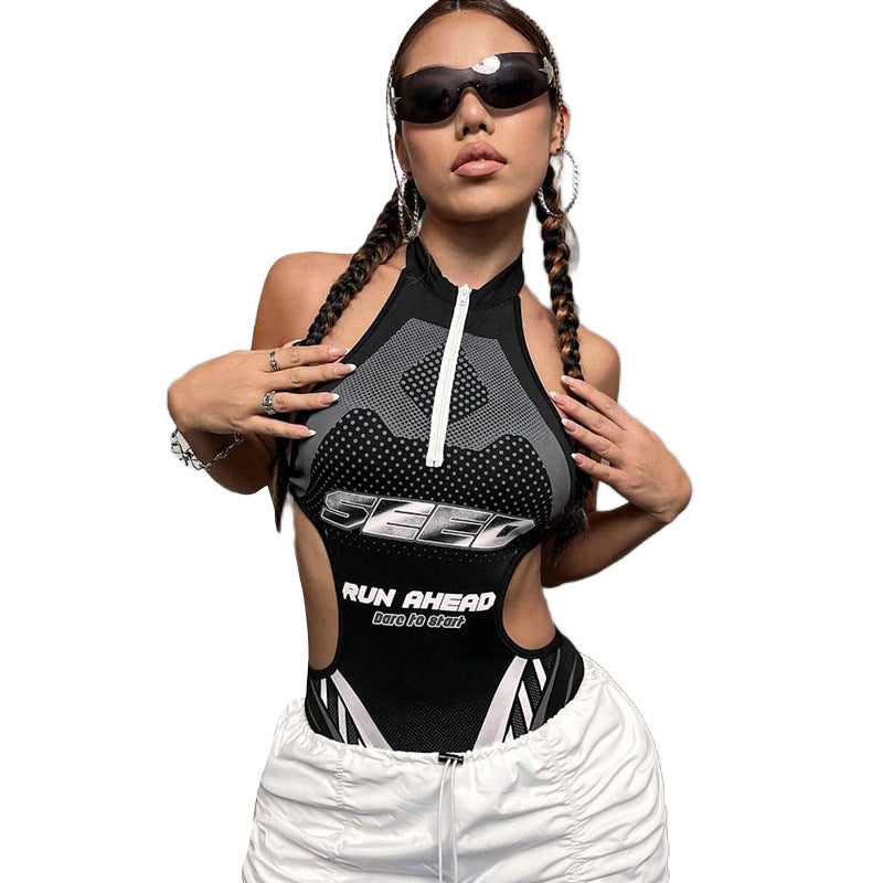 Street Hipster Letter Print Hollow-out Tight Jumpsuit Women