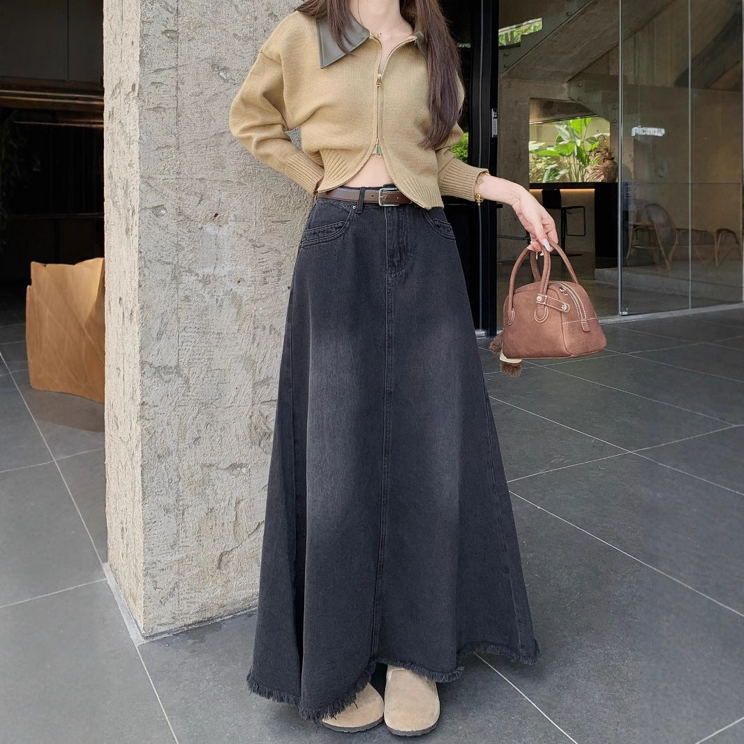 Spring And Autumn Korean Style High Waist Denim Midi Skirt Women's Retro Washed Frayed Edges