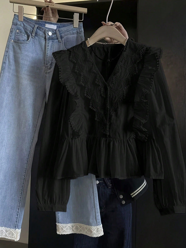 Womens Casual Solid-Color Lace-Patchwork Ruffle-Trim Long-Sleeve Top