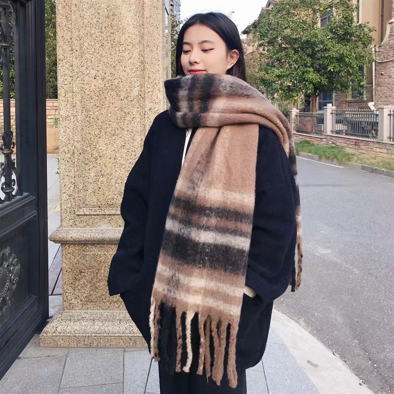 Rainbow-grid Womens Mohair Thermal Snood Long Style