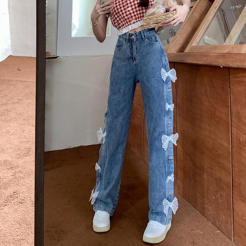 Bow High Waist Loose Straight Jeans