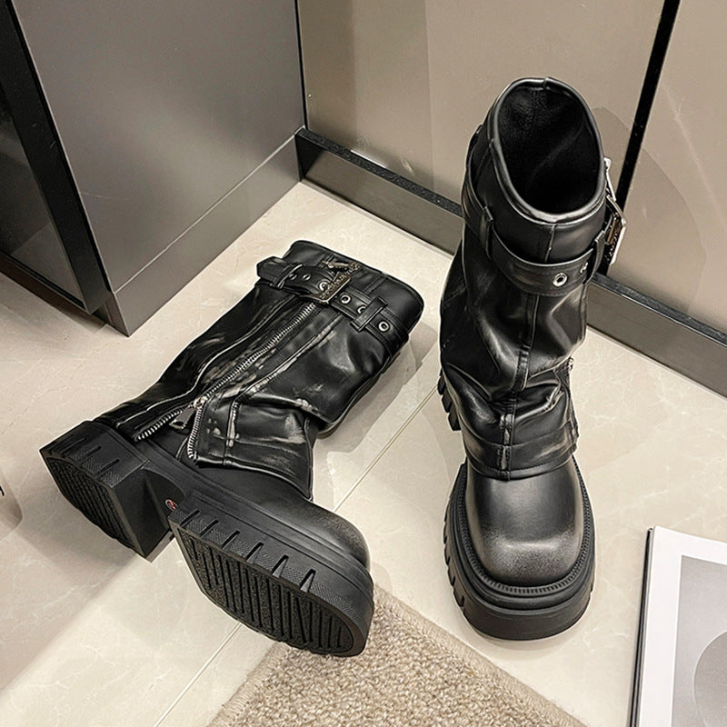 Autumn And Winter British Style Retro Denim Western Knight Boots Small Raise The Bottom Chunky Heel