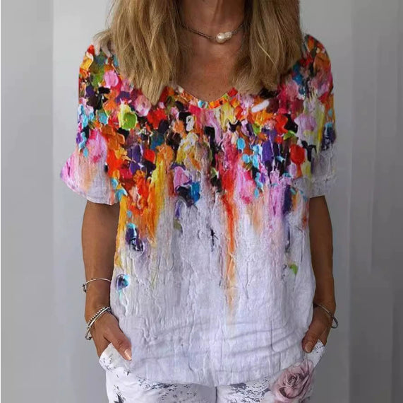 European And American Printed Shirt Casual Round Neck Fashion