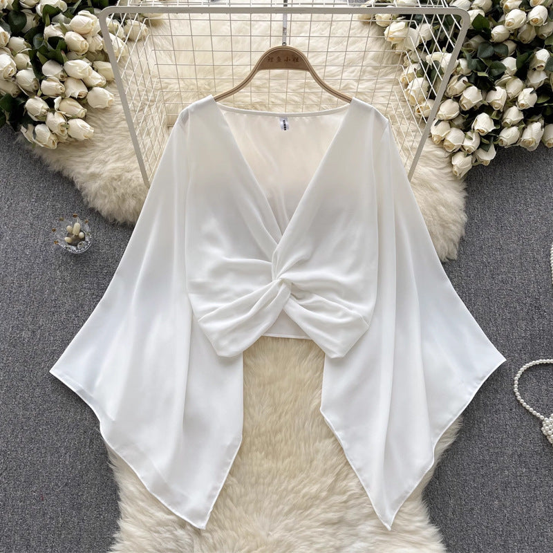 Niche Design V-neck Knot Bell Sleeve Shirt