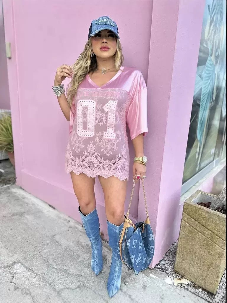 Printed Loose Casual See-through Lace Stitching T-shirt Short Sleeve Top
