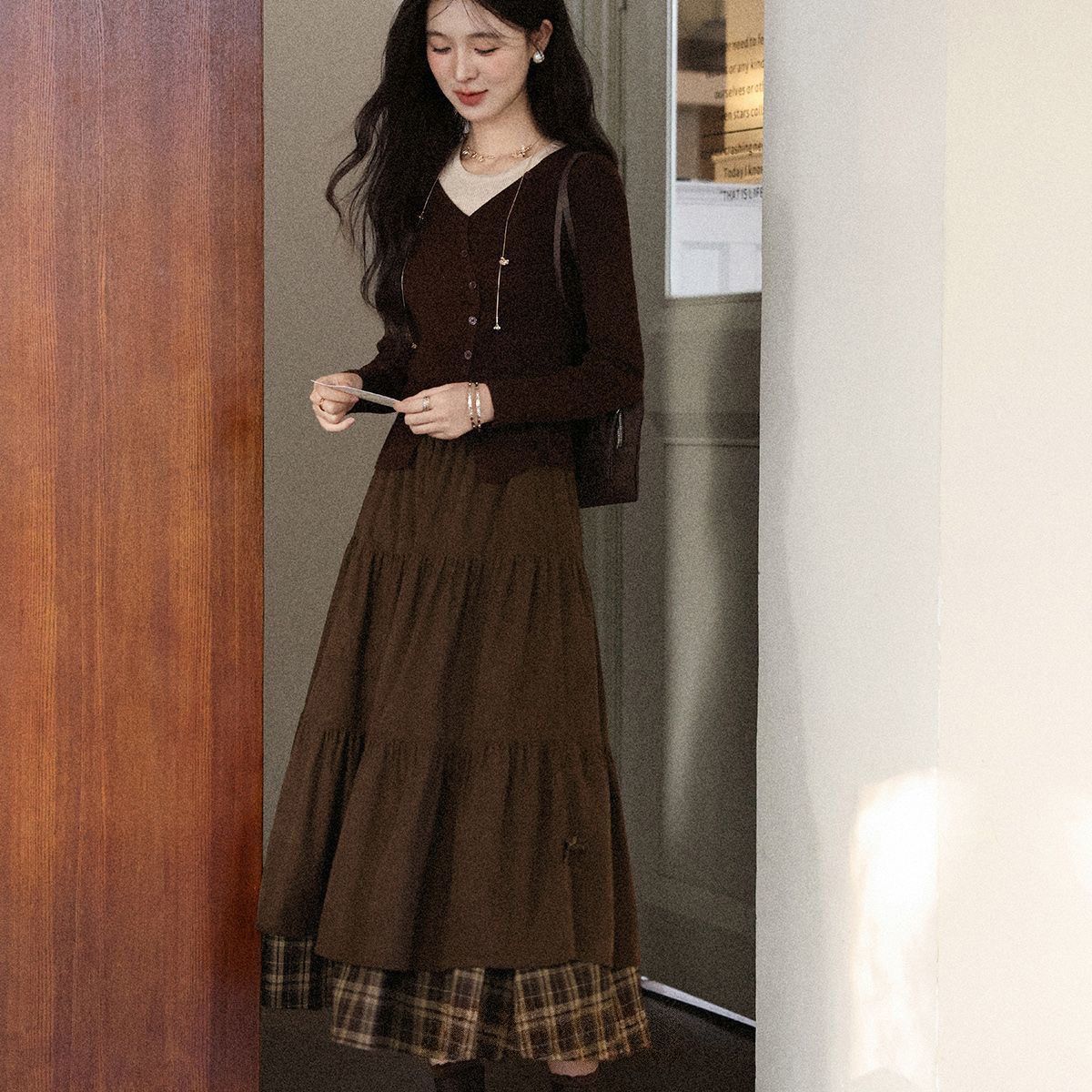 Thickened Japanese-style High-waisted Slimming Bow A-line Long Skirt