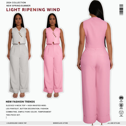 Stylish Minimalist Sleeveless Wide Leg Womens Suit
