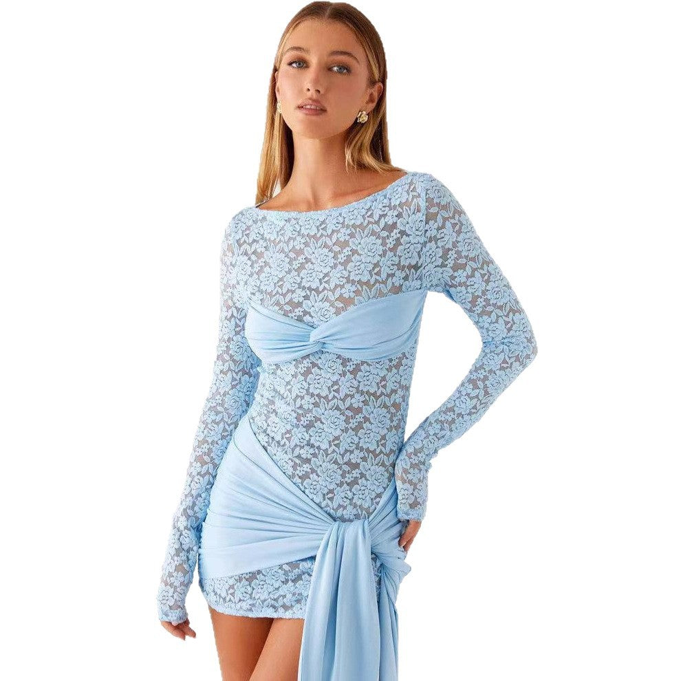 Womens Fashionable Round-Neck Lace-Patchwork Long-Sleeve Dress