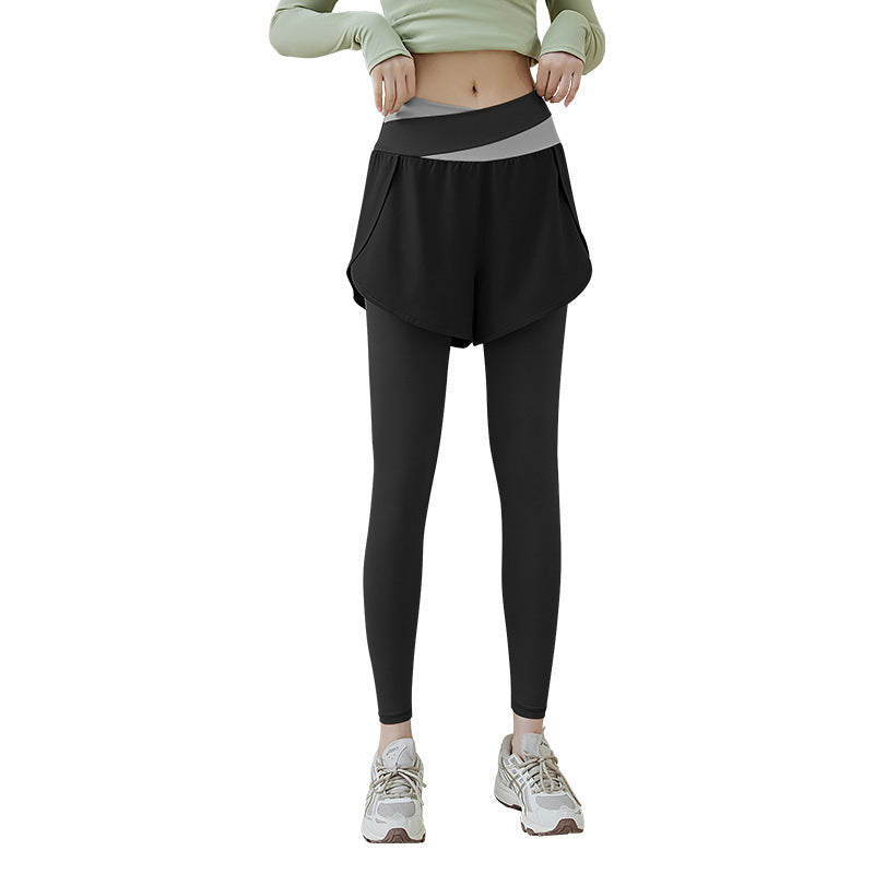 New Color-block Faux Two-piece Yoga Pants With Side Pockets