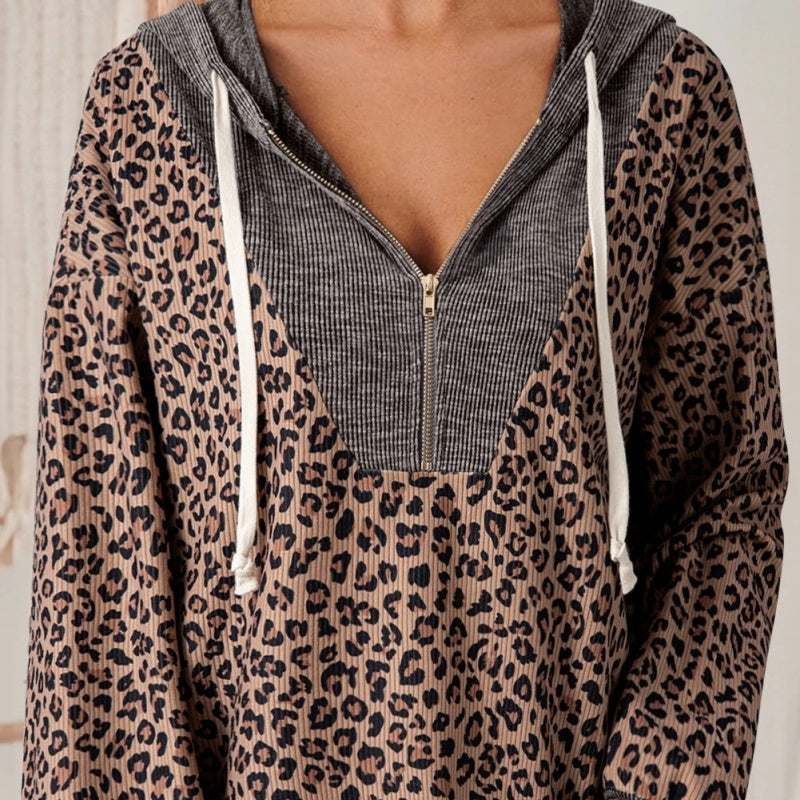 Khaki Ribbet Leopardprint Kontrastfarvet Krave Med Lynlås Hættetrøje