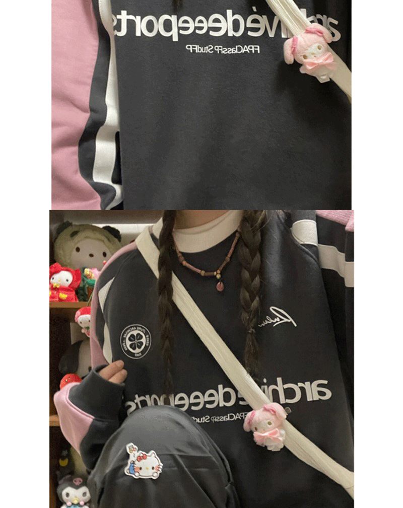 Y2g American Retro Top Stitching Letters Printed Crew Neck Sweatshirt
