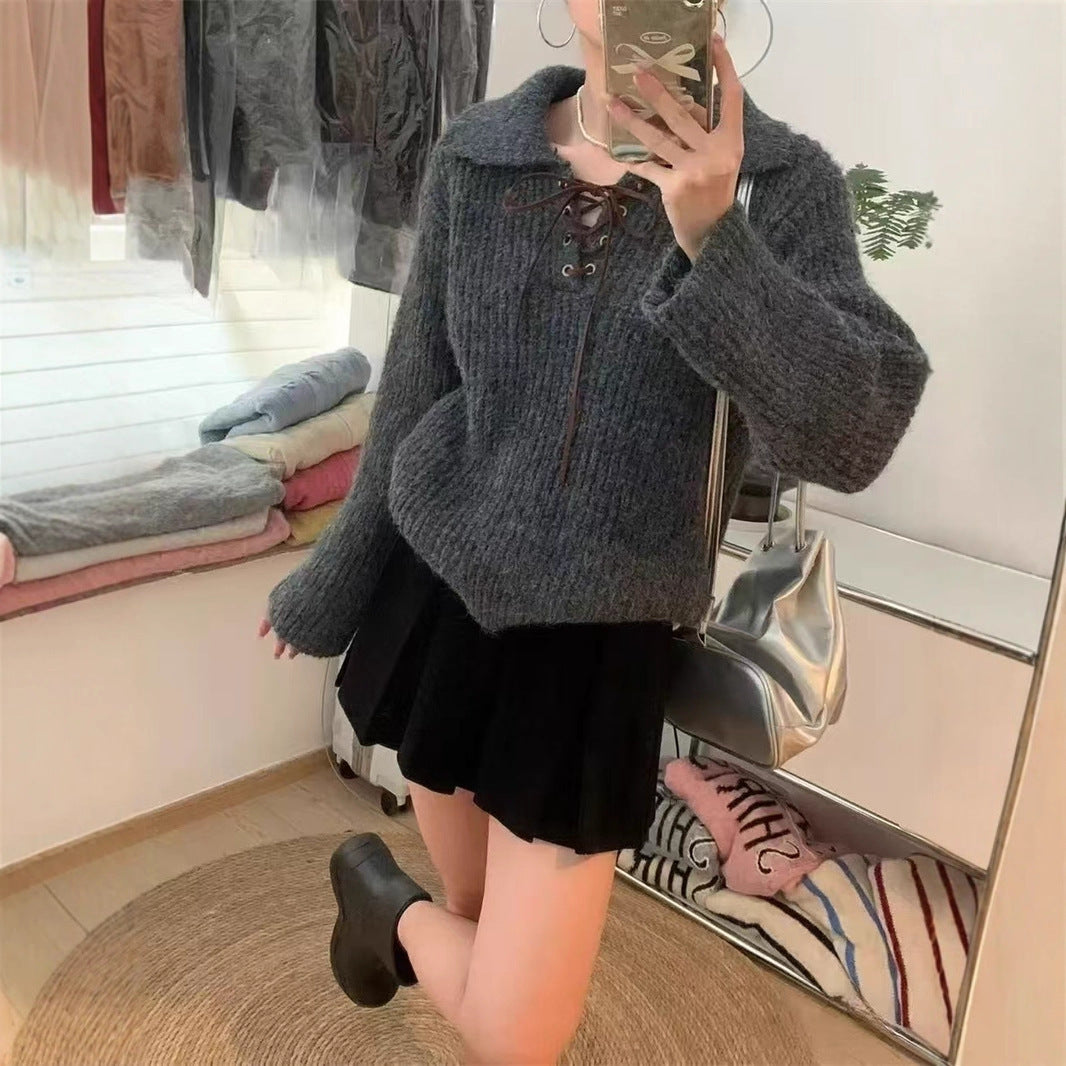 Loose Top Vintage Lace-up Polo Collar Women's Sweater