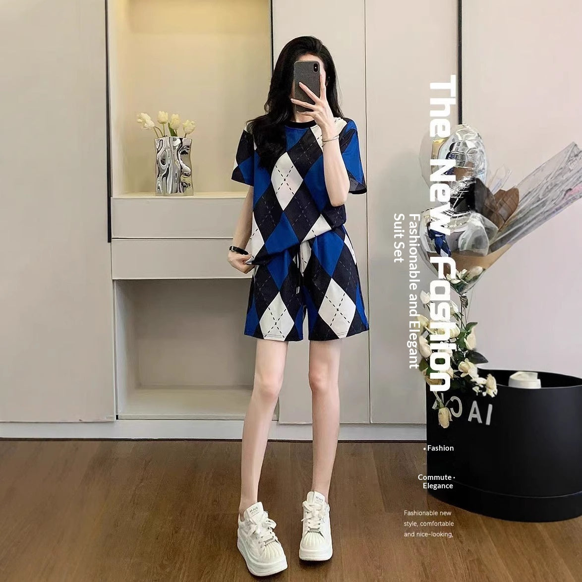Women's Fashion Casual Geometric Short-Sleeve Suit