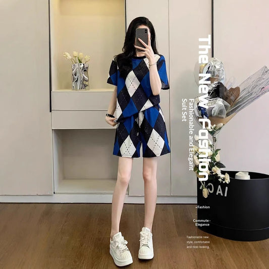 Women's Fashion Casual Geometric Short-Sleeve Suit