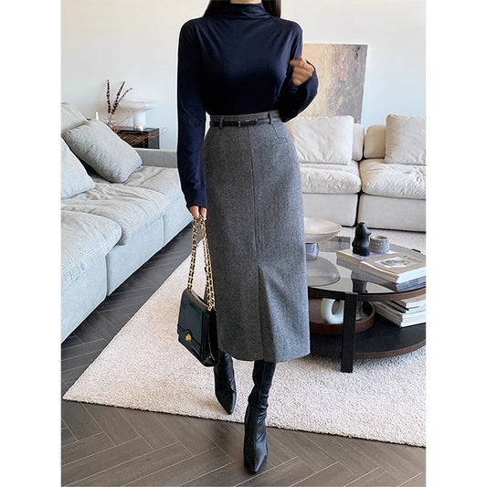 Gray Women's Autumn And Winter Thickened High Waist Mid-length Commuting Figure Flattering Sheath Skirt